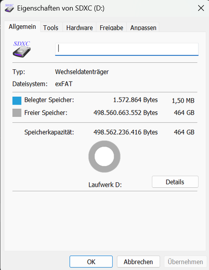 SDXC

Typ: Wechseldatenträger
Dateisystem: exFAT

Belegter Speicher: 1,50 MB
Freier Speicher: 464GB