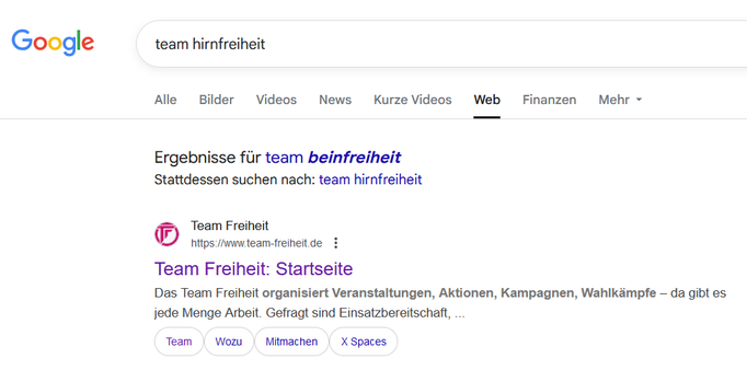 Google Suchergebnis "Team Hirnfreiheit" - erstes Ergebnis Team Freiheit - der neue Verein von Frauke Petry. Google fragt, ob ich Beinfreiheit meinte.