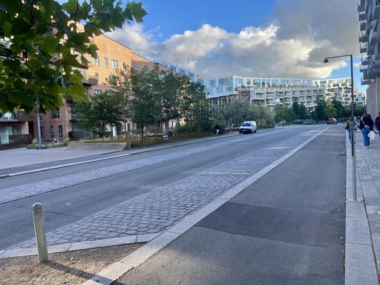 Block über eine Straße mit hohen Wohnhäusern links und rechts, es gibt neben den Fußwegen breite Radwege und die zwei Fahrbahnen dazwischen sind durch einen Rüttelstreifen getrennt. Die Parkbuchten sind leer. Ein Lieferwagen ist gegenüber auf dem Radweg geparkt.
