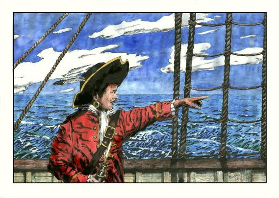 Frau in roter Jacke und Federhut an Bord eines Segelschiffs. Kolorierte Tuschezeichnung.