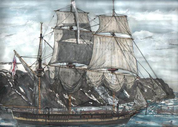 Segelschiff mit schlaffen Segeln wird von Beinbooten aus einer felsigen Bucht geschleppt. 