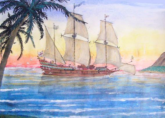 Segelschiff (Galeone) auf See, im Vordergrund links eine Palme, im Hintergrund rechts eine felsige Insel.