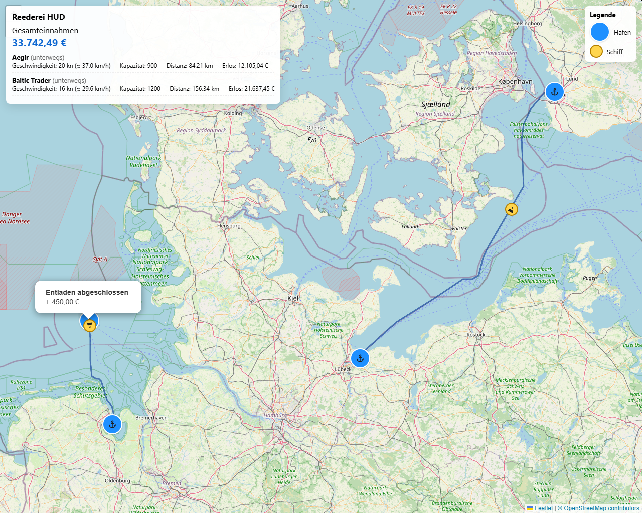Screenshot eines Computerspiels. Auf einer Landkarte fahren Schiffe von Hafen zu Hafen auf einer Linie. Oben Links stehen Informationen zur zurückgelegten Strecke, Geschwindigkeit und das Geld, was der Transport im Spiel bringt.