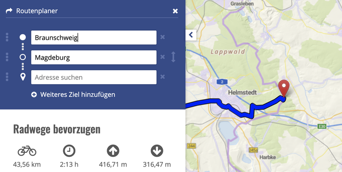 Screenshot Versuch der Routenplanung Braunschweig Magdeburg. Planung endet an der Landesgrenze Niedersachsen.