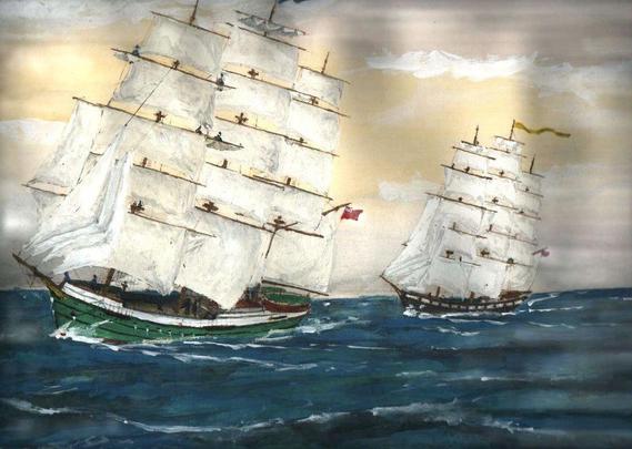 Gemälde: Zwei Segelschiffe unter vollen Segeln.