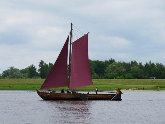 Ewer - Einmastiges Segelschiff mit rotbraunen Segeln auf der Elbe. Im Hintergrund der Elbdeich und Bäume. Zu erkennen sind die typischen Seitenschwerter.