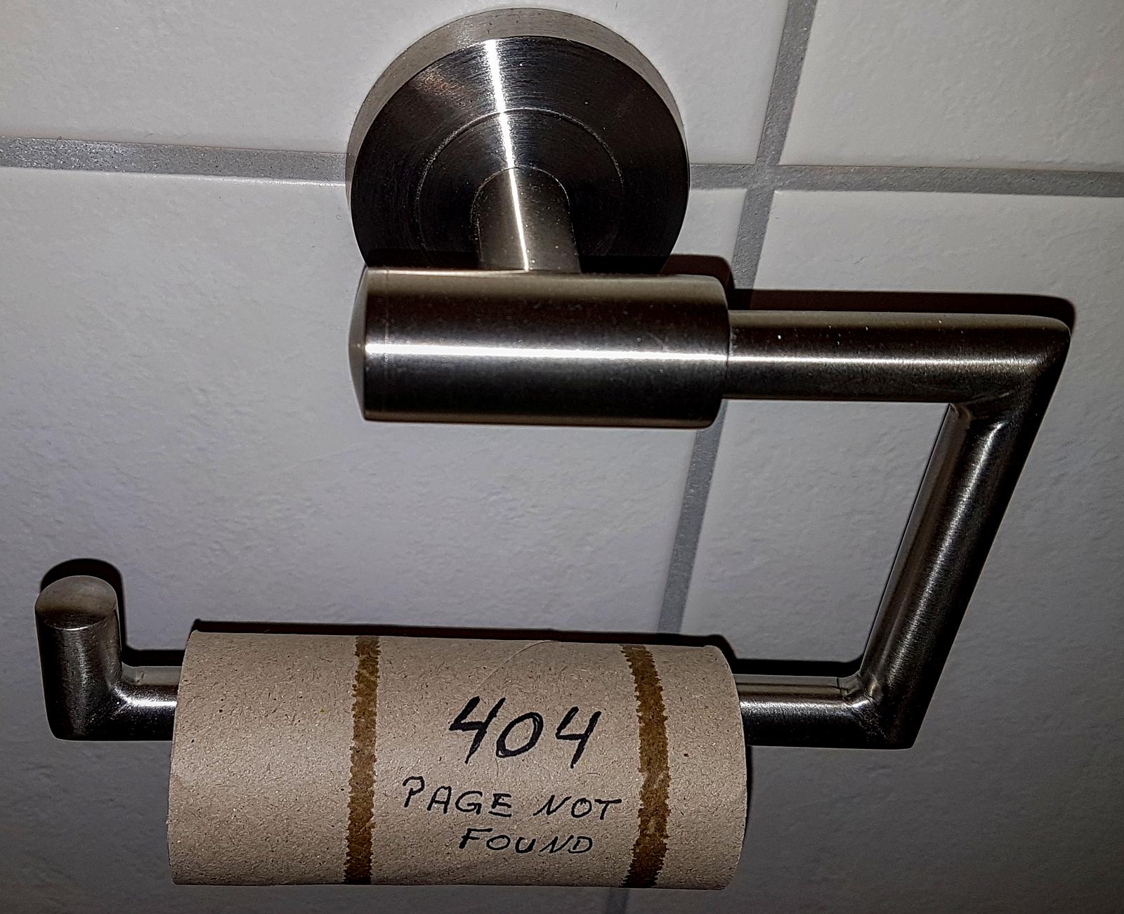 Leere Papprolle mit Aufschrift "404 Page not found" auf einem Edelstahl-Toilettenrollenhalter
