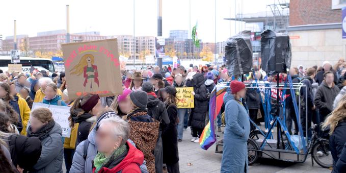 Foto der Menschenmenge vor dem Kieler Hauptbahnhof. Auf einer Demo-Pappe ist eine blonde Frau mit wehendem Haar und verschränkten Armen gemalt. Dazu der Text „nicht meine Stimme - Herz statt Hetze“