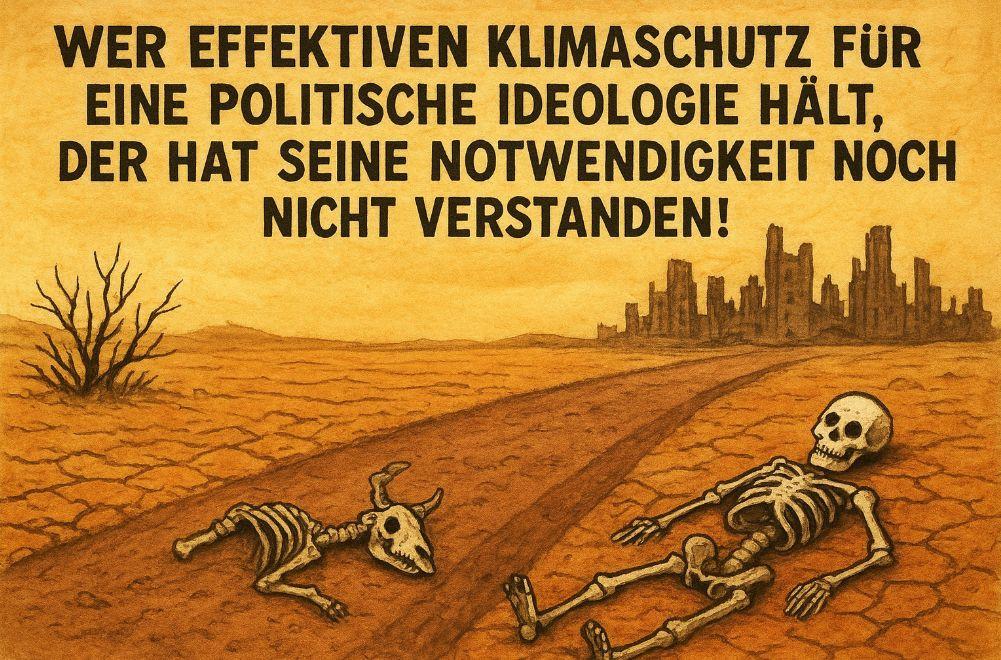 Zeichnung verdorrte Landschaft Skelett Silhouette einer verlassenen großstadt, wer effektiven Klimaschutz für eine politische Ideologie hält, der hat seine Notwendigkeit noch nicht verstanden