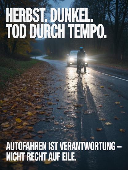 Das Bild zeigt eine Straße im Wald. Es liegt Herbstlaub auf der Fahrbahn. D ist dunkel. Ein Auto fährt über die Straße, im Scheinwerferlicht vor ihm ist ein Rad fahrender Menschen.

Dazu der Text

#Herbst. Dunkel. Tod durch Tempo.

Autofahren ist Verantwortung - nicht Recht auf Eile.“