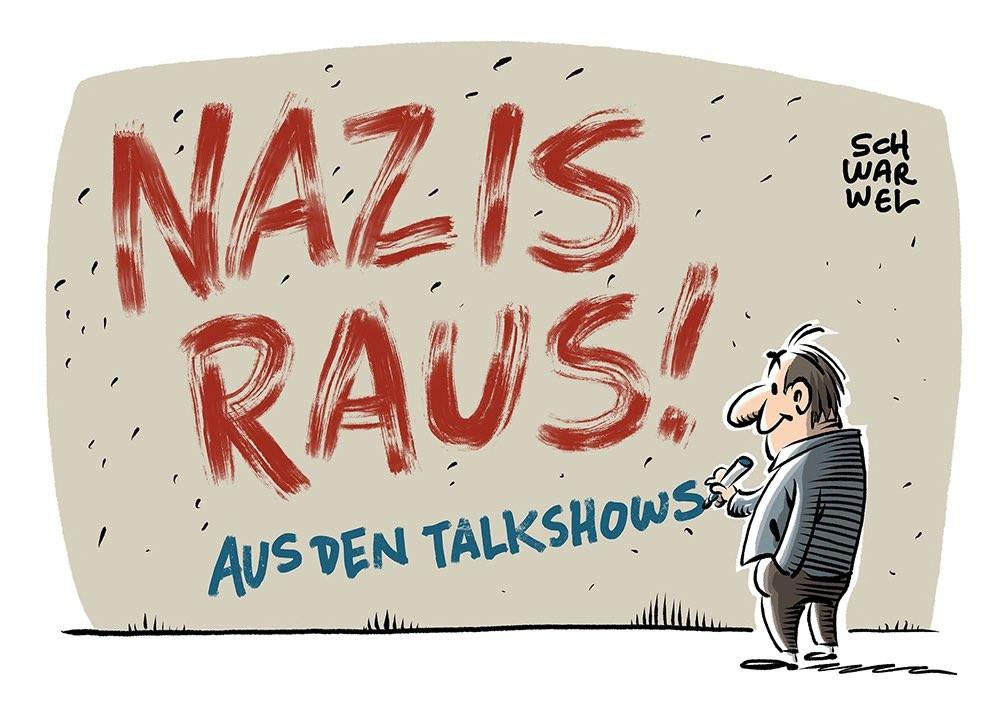 Cartoon von Schwarwel, wandbemalung, nazis raus aus den talkshows