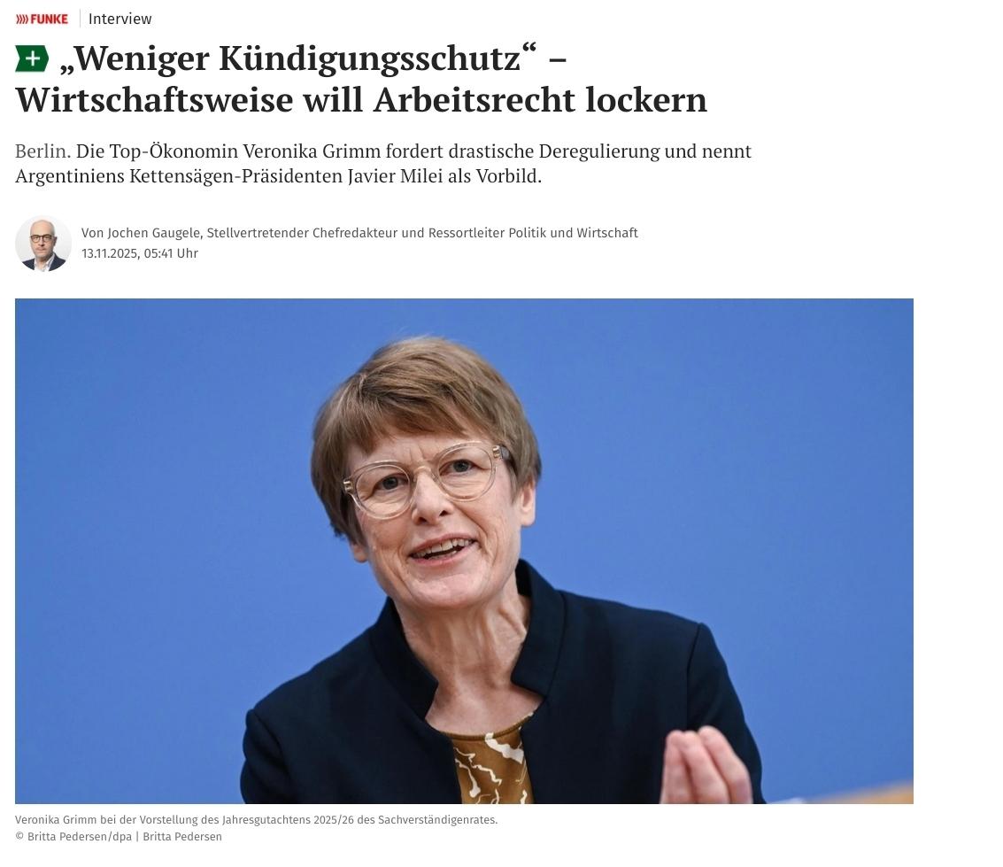 Wirtschaftsweise Veronika Grimm will weniger kündigungsschutz und verweist auf argentiniens kettensägen Präsidenten Milei