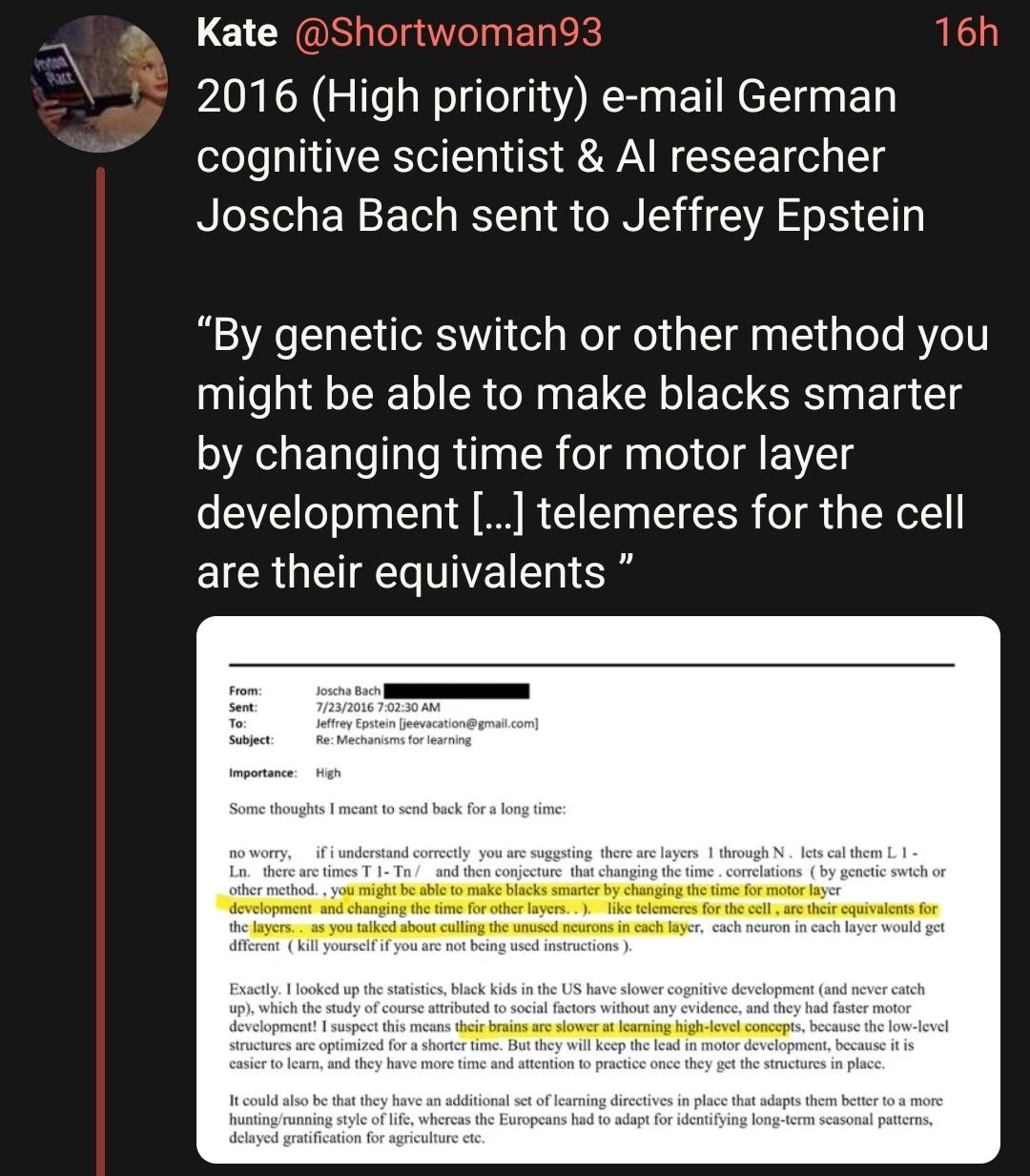 2016 (High priority) e-mail German cognitive scientist & AI researcher Joscha Bach sent to Jeffrey Epstein

“By genetic switch or other method you might be able to make blacks smarter by changing time for motor layer development […] telemeres for the cell are their equivalents ”
