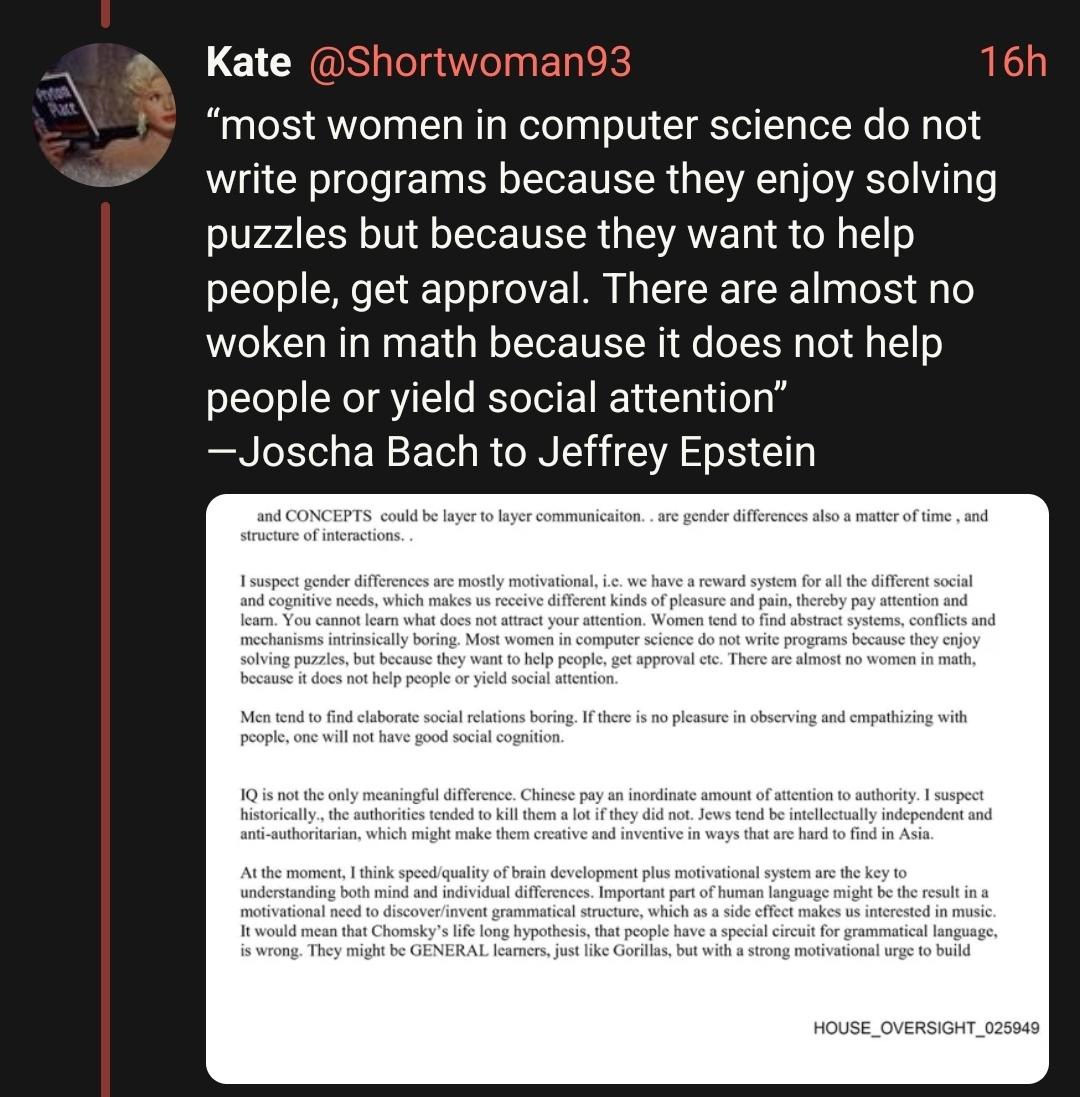 “most women in computer science do not write programs because they enjoy solving puzzles but because they want to help people, get approval. There are almost no woken in math because it does not help people or yield social attention” 
—Joscha Bach to Jeffrey Epstein