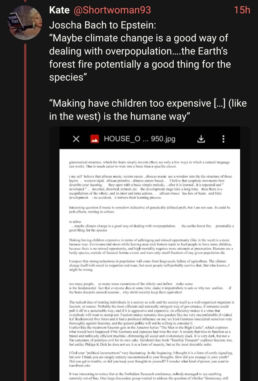 Joscha Bach to Epstein:
“Maybe climate change is a good way of dealing with overpopulation….the Earth’s forest fire potentially a good thing for the species”

“Making have children too expensive […] (like in the west) is the humane way