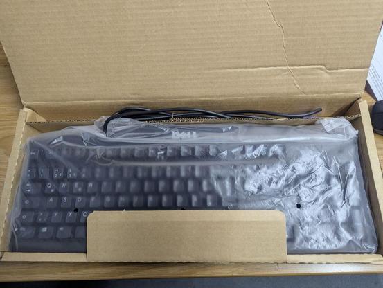 Die Lieferung. Eine schwarze DELL-PS/2-Tastatur in Originalverpackung, mit Folie usw.