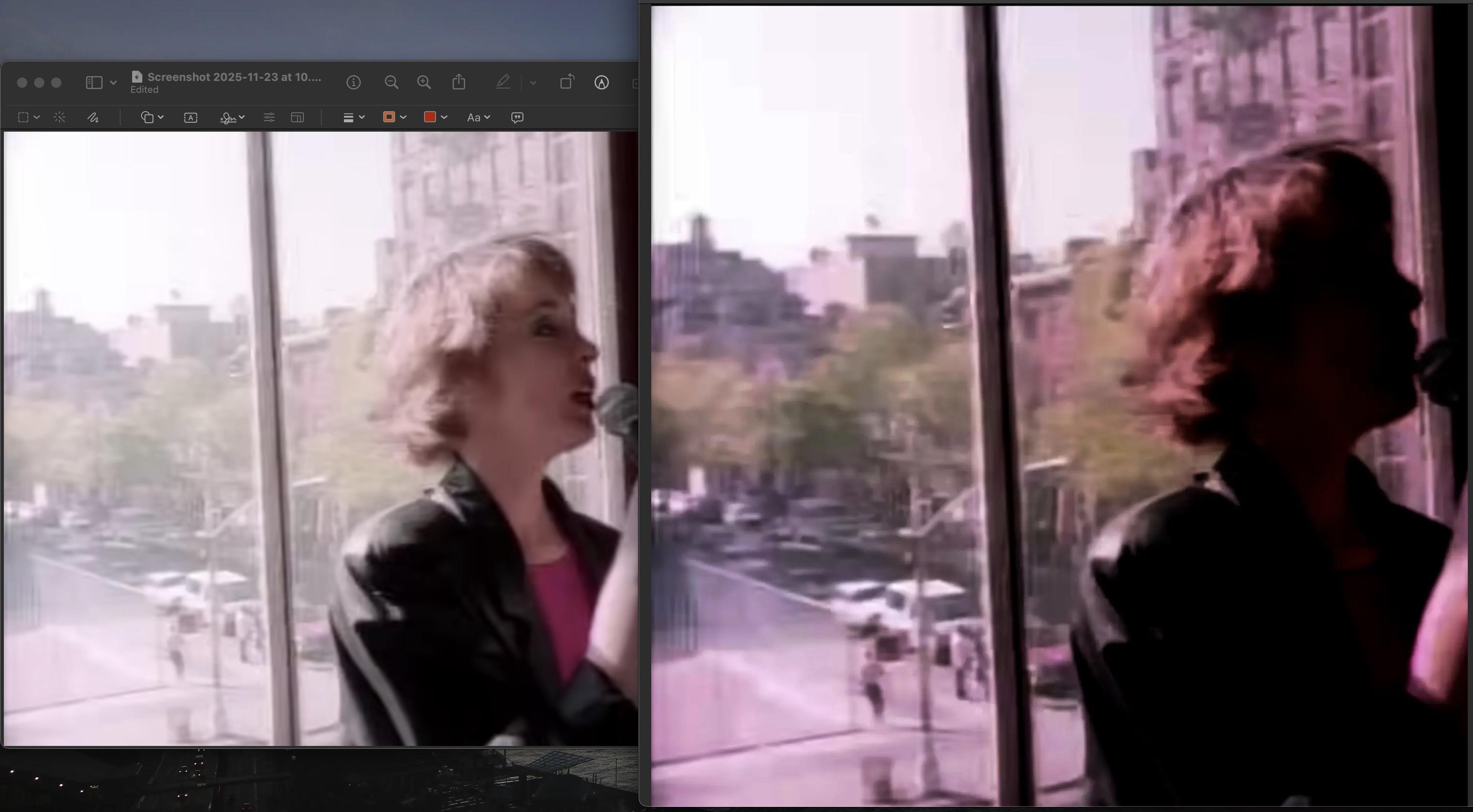 video still and contrast enhancements show the street outside the window