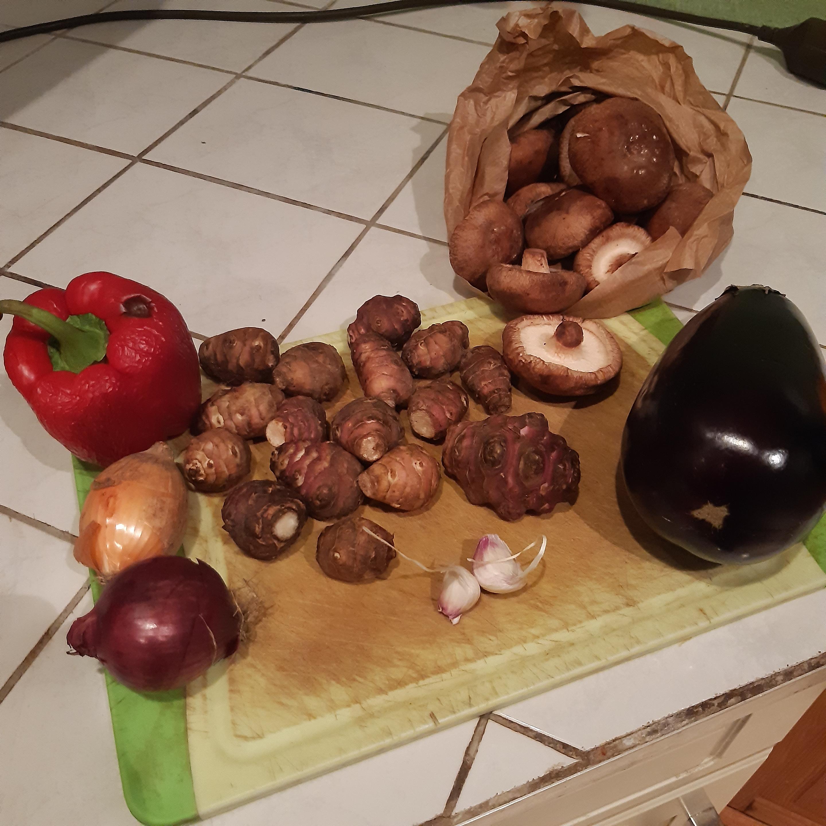 Auf einem Küchenbrett liegen am linken Rand 2 Zwiebeln, darüber eine rote Paprika, rechts daneben Topinamburknollen, darunter 2 Knaublauchzehen, rechts daneben eine Aubergine und darüber eine Tüte mit Shiitake.