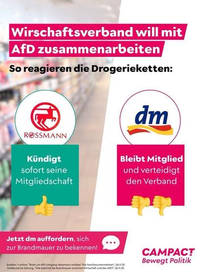Sharepic von Campact, auf dem sie Rossmanns Austritt aus dem Verband der Familienunternehmer der unterstützt durch DM gegenüberstellen.