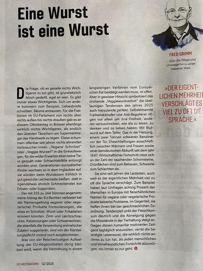Magazinseite mit einer Kolummne. Portrait des Autors: Fred Grimm über die Wege und Umwege hin zu einer besseren Welt.
Headline: Eine Wurst ist eine Wurst
