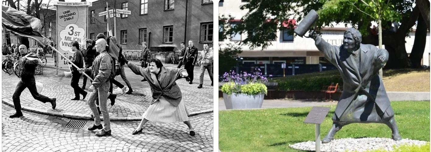 Zwei Bilder, Nazi Aufmarsch in einer schwedischen Stadt 1985, eine Frau schlägt einen Skinhead mit ihrer handtasche,  Bronze Figur der Frau