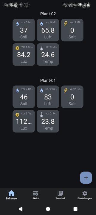 MQTT Client Dashboard mit 2 eingerichteten Quellen und deren Daten, z. B. Soil und Temp

