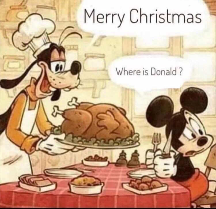 Goofy serviert entenbraten  merry christmas, Micky Maus fragt where is Donald