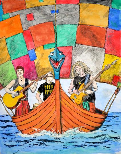 Karikatur eines von vorn gesehenen Wikingerschiffs. Das Segel besteht aus bunten Flicken. Im Schiff stehen eine Frau mit Gitarre, ein Mann mit Trommeln und ein Mann mit Elektro-Bass.