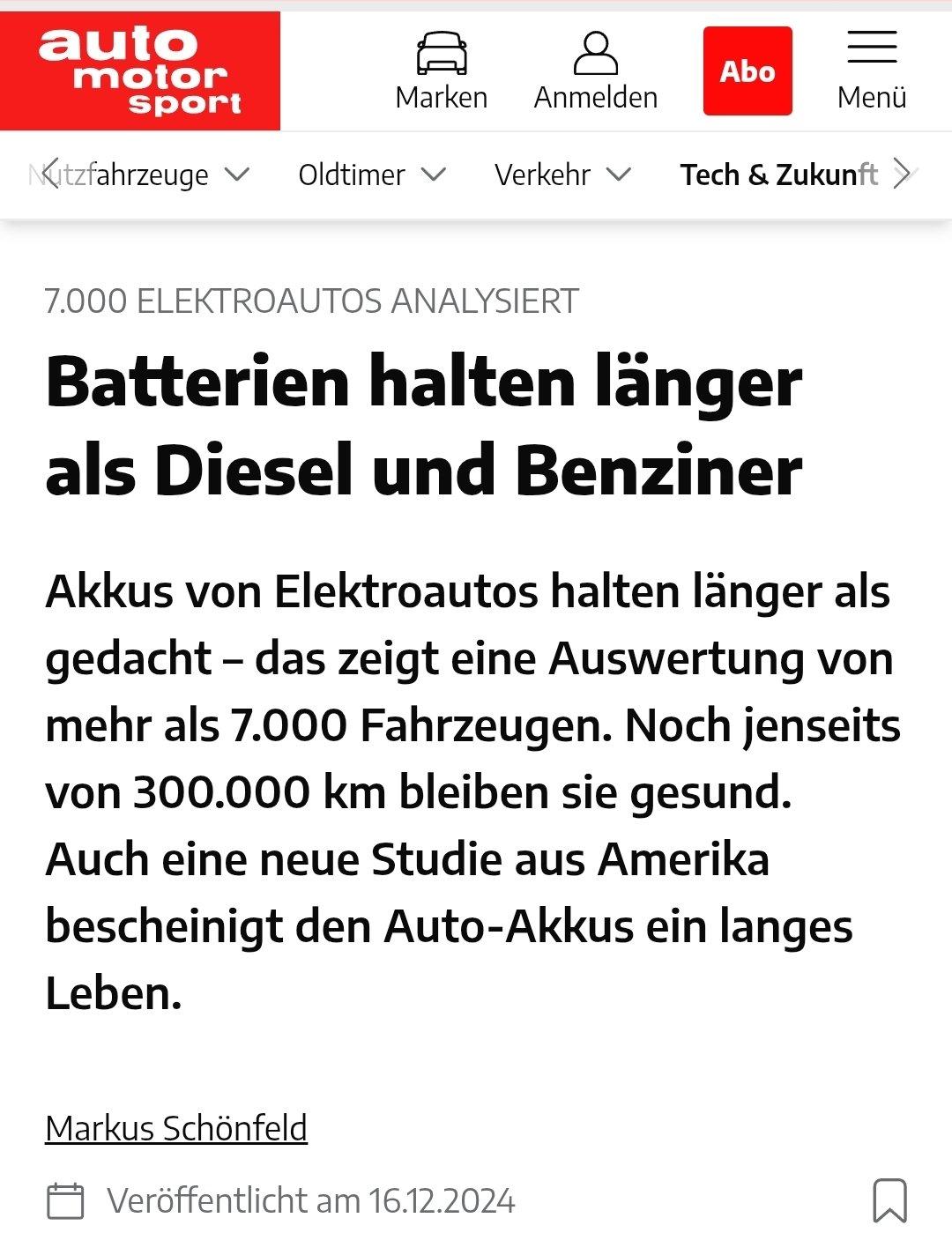 Auto Motor Sport 7000 elektroautos analysiert, Batterien halten länger als Diesel und Benziner...