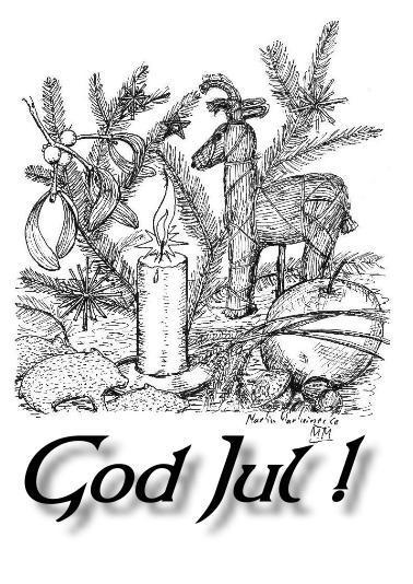 Gezeichnetes Stillleben mit Kerze, Tannenzweigen, Mistelzweig, Rentier aus Stroh, Keksen und Kerze.

Darunter steht "God Jul".