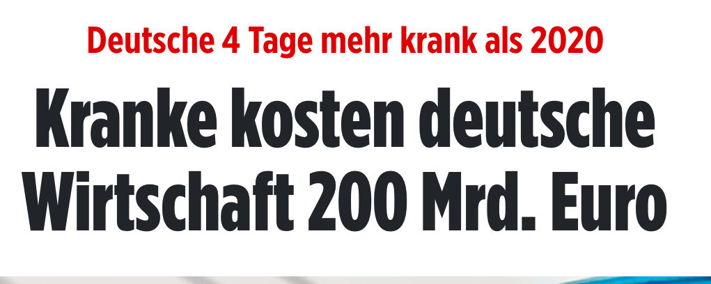 Deutsche 4 Tage mehr krank als 2020
Kranke kosten deutsche
Wirtschaft 200 Mrd. Euro
