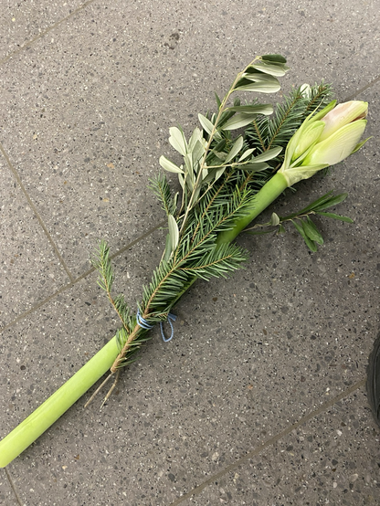 auf grauem Stein-Fußboden liegt eine weiße Amaryllis, die mit etwas weihnachtlichem Grün zusammengebunden ist.