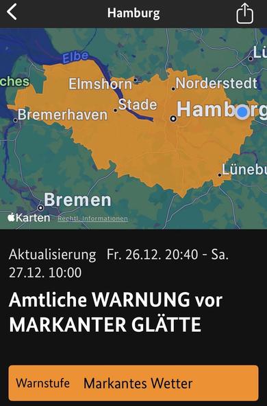 Der Screenshot zeigt eine Karte von Hamburg, Deutschland, die das Gebiet in Orange hervorhebt. Es enthält eine Wetterwarnung für "erhebliche Glutschigkeit", gültig vom 26. Dezember, 20:40 Uhr bis zum 27. Dezember, 10:00 Uhr.