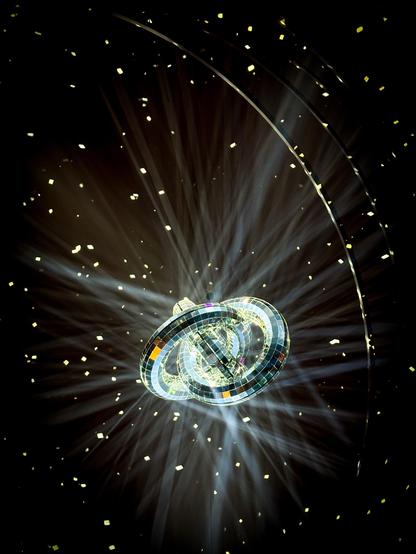 Ein funkelnder Discoknoten, der im Weltraum des CCH-Foyers unter der Decke schwebt, umgeben von Lichtstrahlen und schimmerndem Licht-Konfetti. Der dunkle Hintergrund verstärkt die Helligkeit und die Reflexionen des Discoknotens.