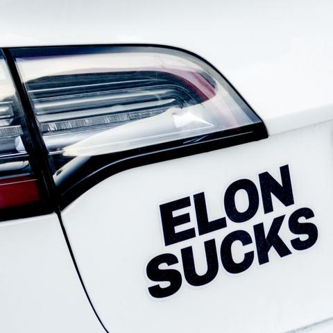 Auf dem Heckdeckel eines Teslas steht "Elon sucks"