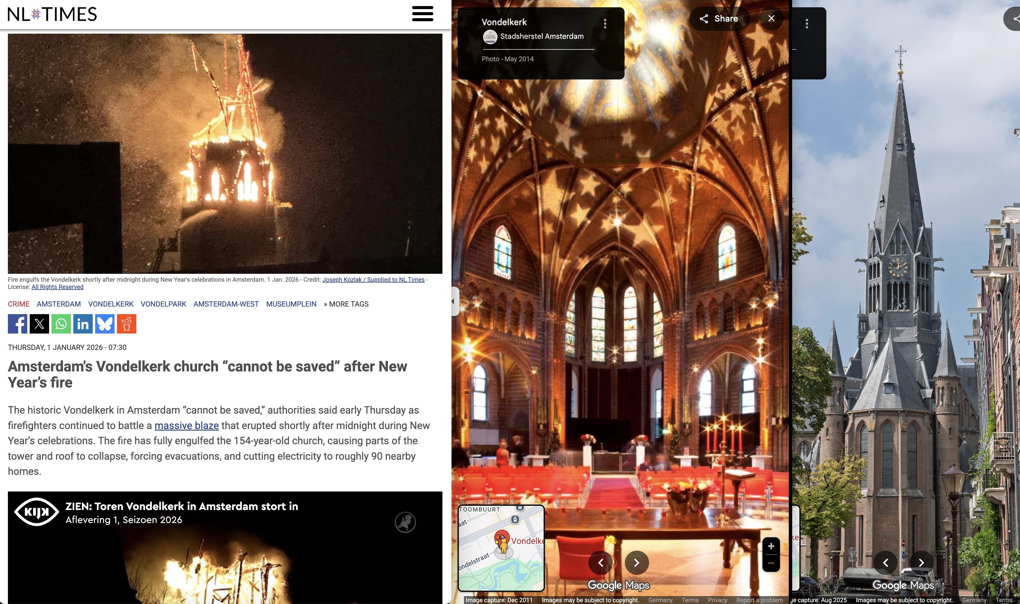 A church on fire and 2 images of the old red brick church before