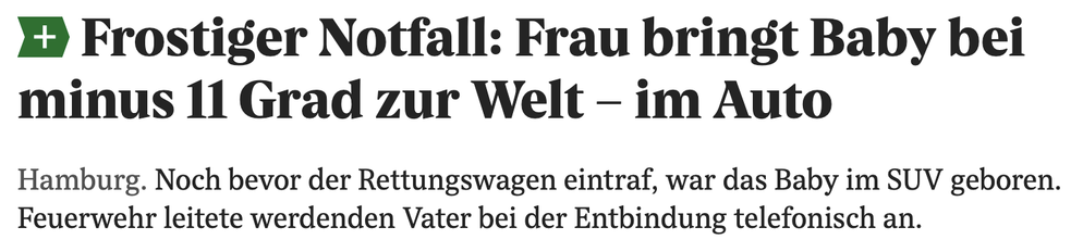 Frostiger Notfall: Frau bringt Baby bei minus 11 Grad zur Welt – im Auto
Hamburg. Noch bevor der Rettungswagen eintraf, war das Baby im SUV geboren. Feuerwehr leitete werdenden Vater bei der Entbindung telefonisch an. 