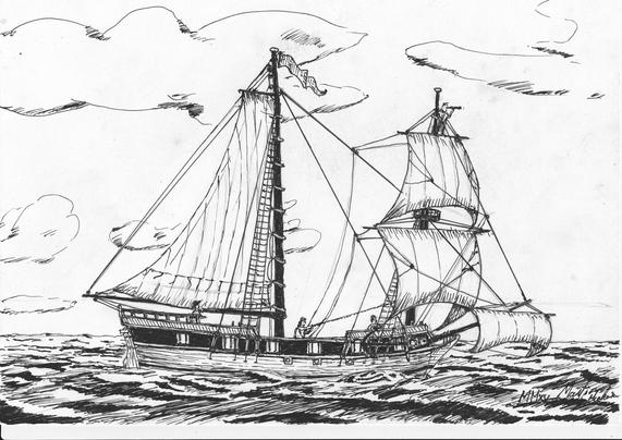 Federzeichnung eines zweimastigen Segelschiffs.