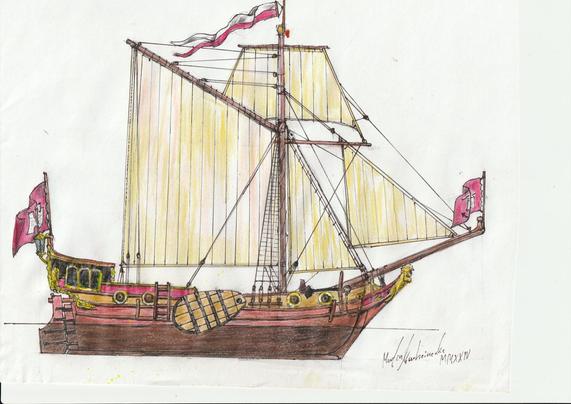 Kolorierte Zeichnung eines einmastigen Segelschiffs mit Seitenschwertern.