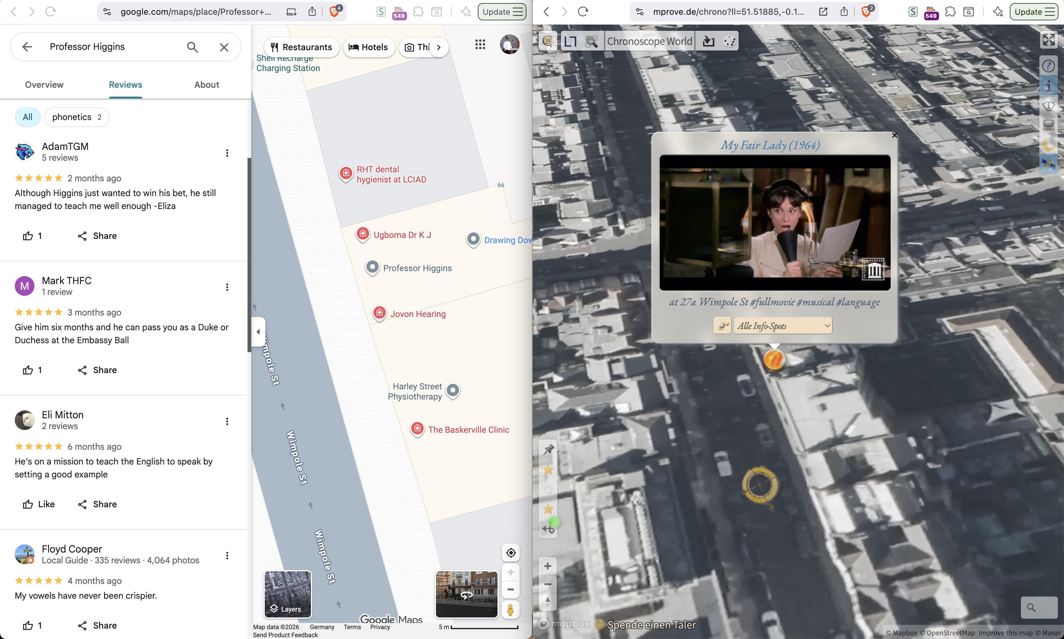 2 Screnshots. On the left google maps with user reviews for "Professor Higgins". On the right a satellite view of the street with a popup to the movie »My Fair Lady«