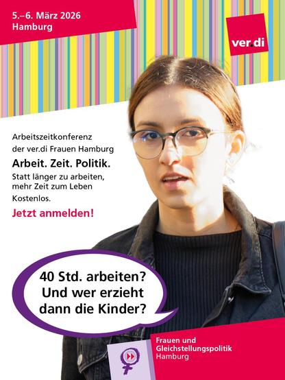 Share Pic mit den Daten. Und einem Bild: Eine Frau mit einer Sprechblase: 40 Std. arbeiten? Und wer erzieht dann die Kinder?