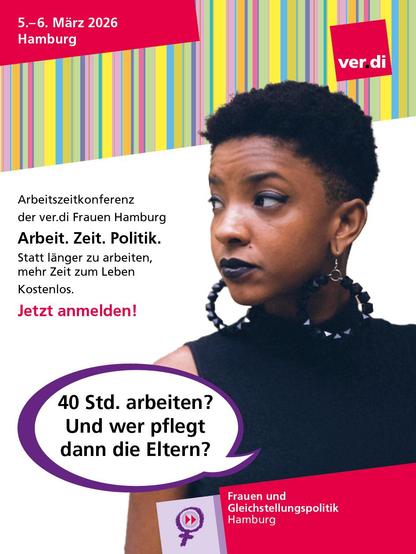 Share Pic mit den Daten. Und einem Bild: Eine Frau mit einer Sprechblase: 40 Std. arbeiten? Und wer pflegt dann die Eltern?