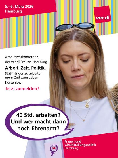 Share Pic mit den Daten. Und einem Bild: Eine Frau mit einer Sprechblase: 40 Std. arbeiten? Und wer macht dann noch Ehrenamt?