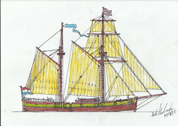 Kolorierte Zeichnung eines zweimastigen Segelschiffs.