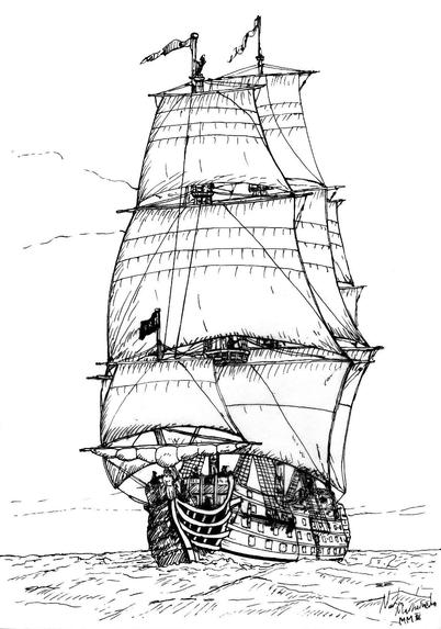 Zeichnung eines großen Segelschiffs und vollen Segeln, schräg von vorn gesehen.