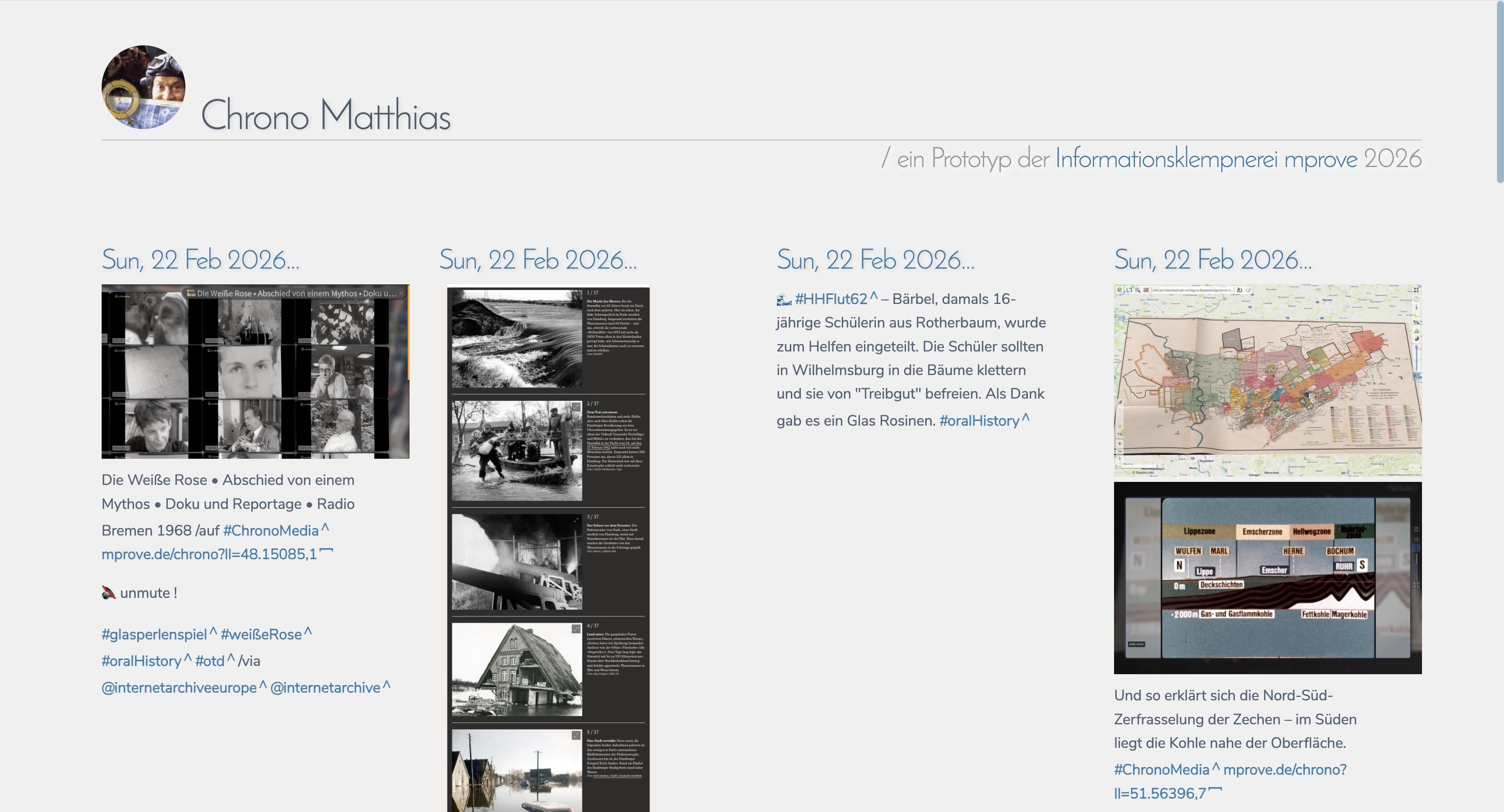 Ein sehr aufgeräumtes Webseiten-Layout mit 4 Spalten. Dort stehen Bilder und Texte aus einem Mastodon-Feed.