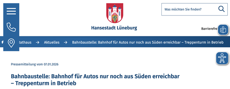 Pressemitteilung vom 07.01.2026
Bahnbaustelle: Bahnhof für Autos nur noch aus Süden erreichbar – Treppenturm in Betrieb