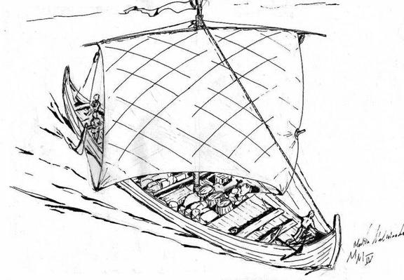 Einmastiges offenes Schiff mit Rahsegel, von schräg oben gesehen.