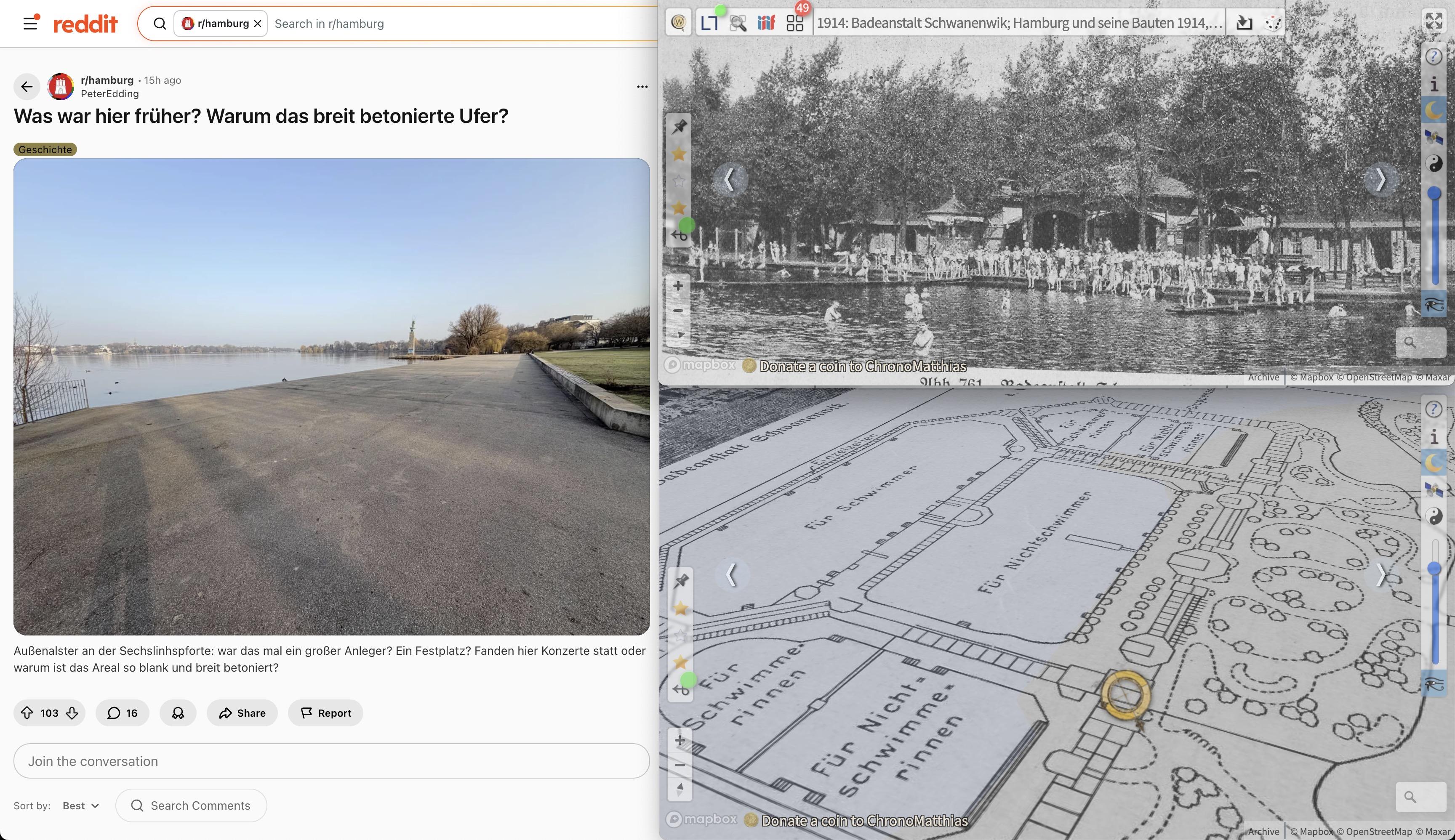 Links ein Foto einer betonierten Uferkante. Rechts oben ein altes schwarzweiß Photo einer Badeanstalt. Unten rechts ein Lageplan der Badeanstalt – perspektivisch so gedreht, dass er dem ersten Foto entsprocht.