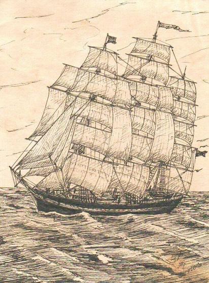 Federzeichnung eines dreimastigen Segelschiffs unter vollen Segeln.